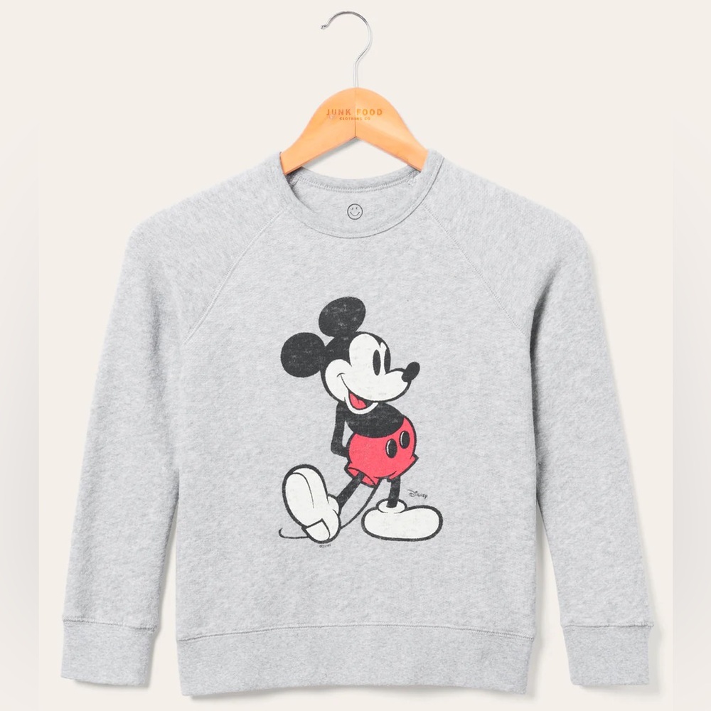 Junk Food Clothing x Disney Kids’ Mickey Raglan Fleece Heather Grey Sweatshirt—S